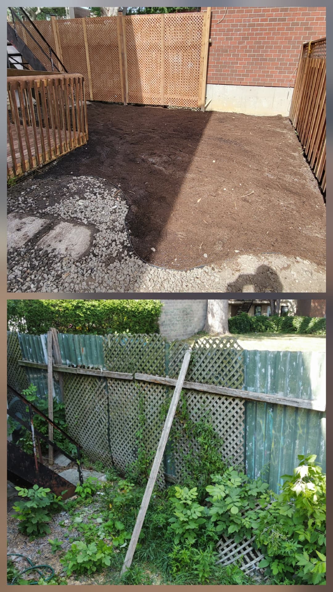Neglected yard rebuilt with new soil, stone bed and edging
