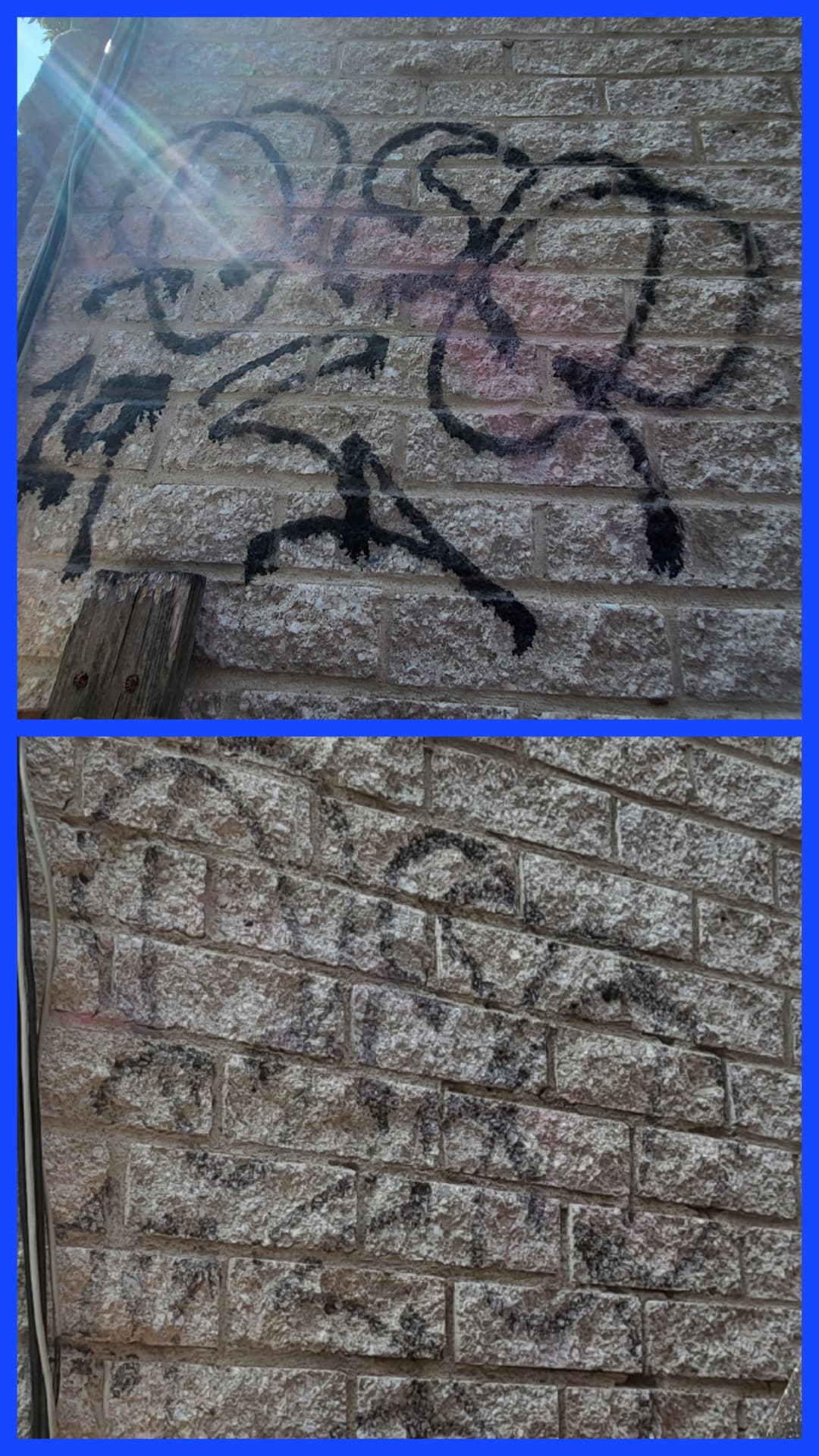 Graffiti cleaned off a brick property wall